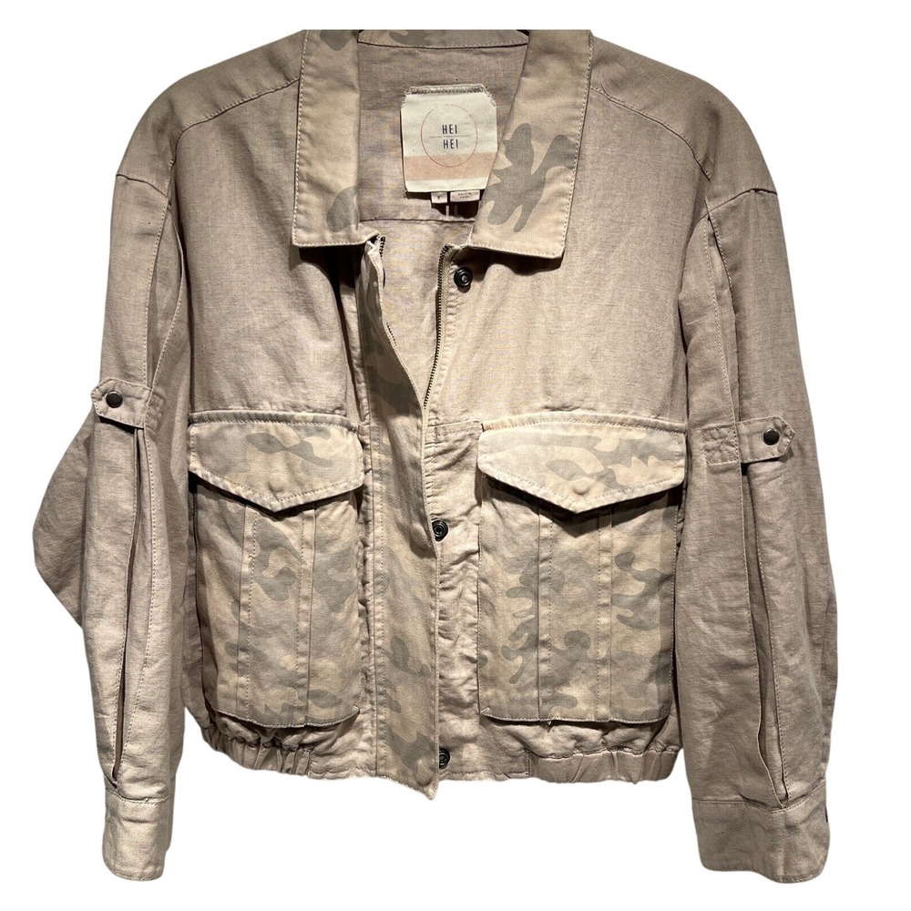 Hei Hei Anthropologie Tan‎ Camo Cropped Utility Jacket Small Linen Blend Bomber